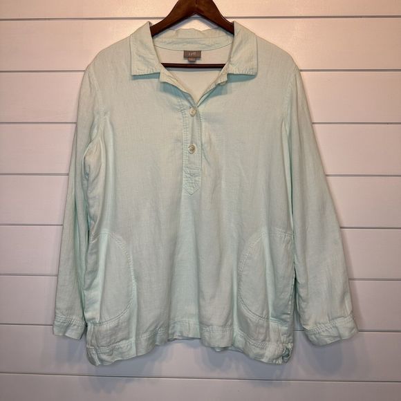 J Jill Linen Top Medium LINED Heavyweight 1/4 Button Long Sleeve Henley Blue - Picture 2 of 11